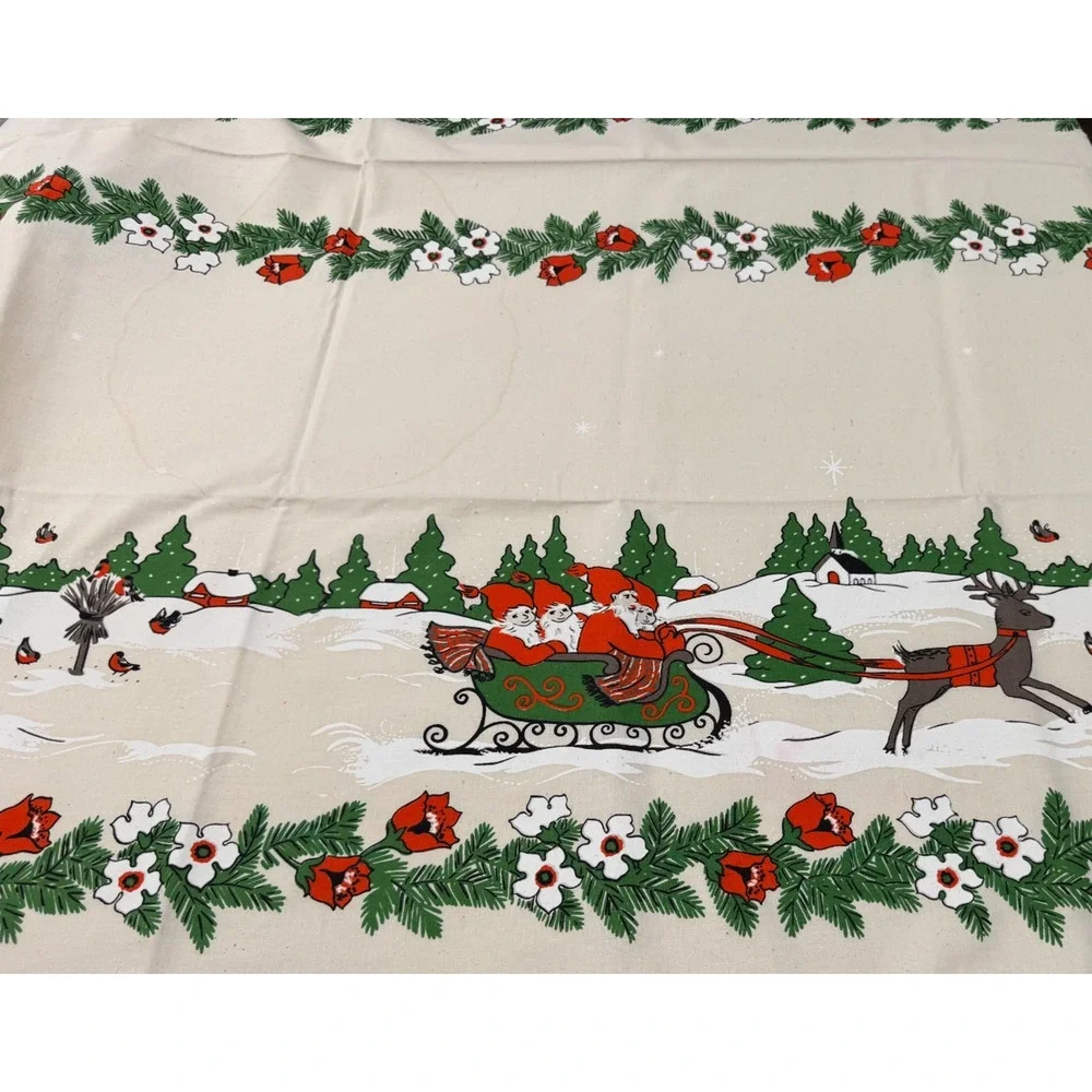 Vtg ALMEDAHLS Swedish Tablecloth Christmas Elves Sleigh Linen 51x69 Rectangle